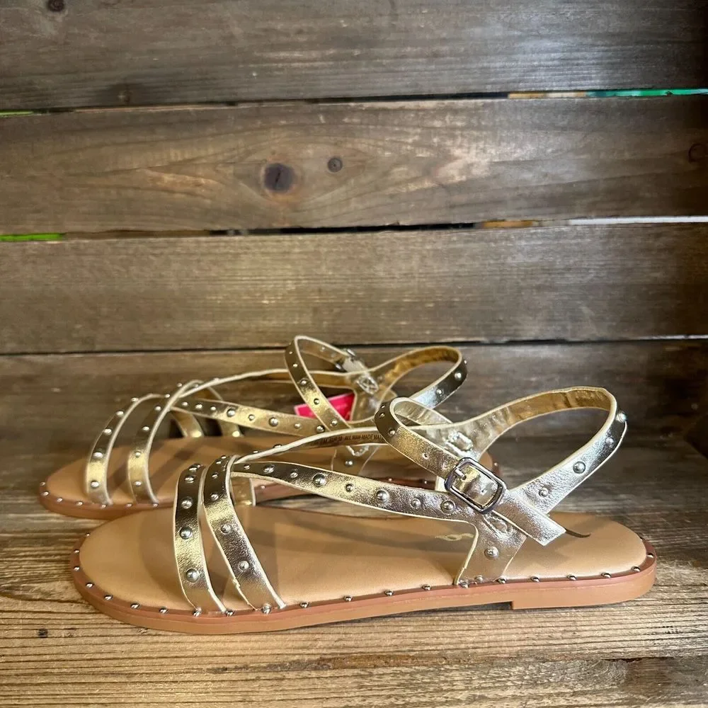 New NIB Big Kids‎ Nina Larsa Gold Beaded Leather Strappy Sandals Size 6 Y